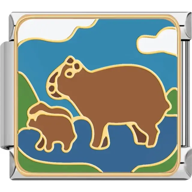 Brown capybara with baby near blue water green hills and blue sky Italian charm bracelet link