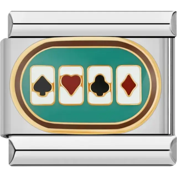Green oval design featuring spade heart club and diamond card suits Italian charm bracelet link