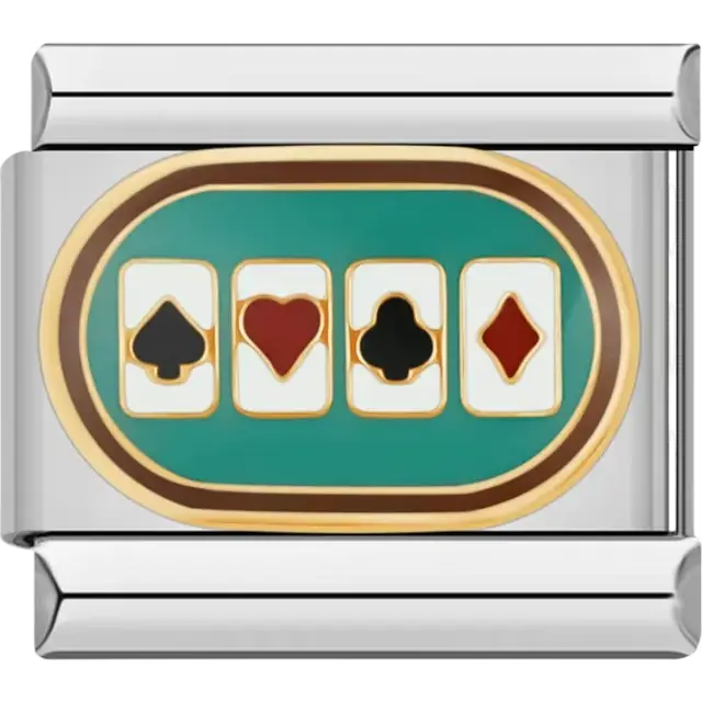 Green oval design featuring spade heart club and diamond card suits Italian charm bracelet link