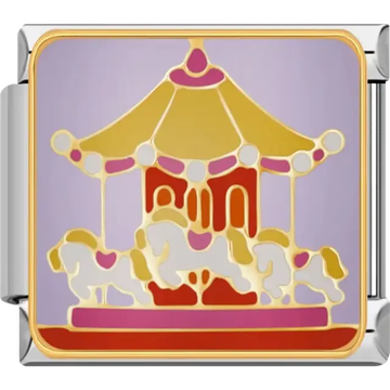 Golden carousel with white horses, pink accents, and red details on a soft lavender background Italian charm bracelet link