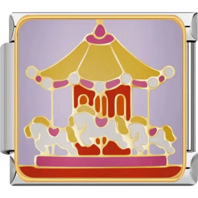 Golden carousel with white horses, pink accents, and red details on a soft lavender background Italian charm bracelet link