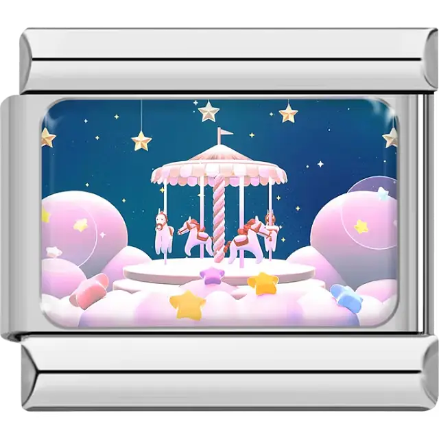 Pink carousel with horses surrounded by pastel clouds and stars on navy background Italian charm bracelet link