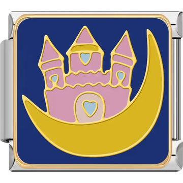 Pink castle with blue heart accents resting on a gold crescent moon with a dark blue background Italian charm bracelet link