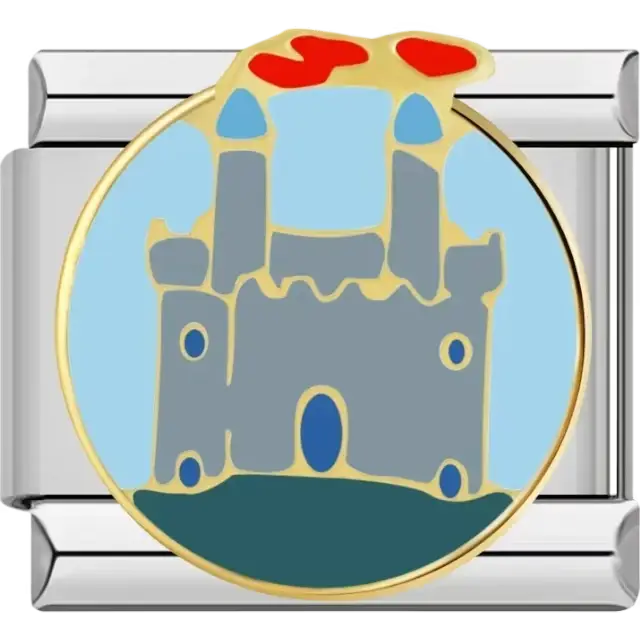 Gray castle design with red flags and a blue background Italian charm bracelet link