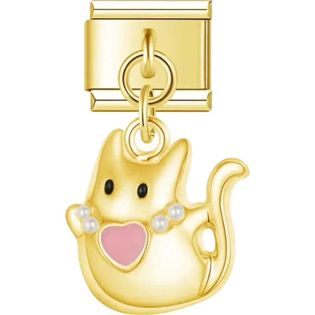 Cat with a pink heart, pearl accents, and black eyes Italian charm bracelet link