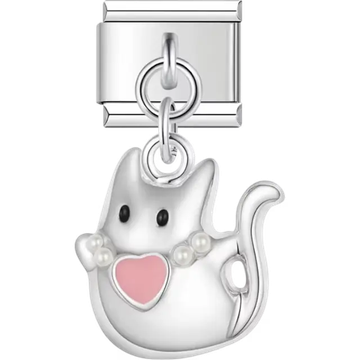 Cat with a pink heart, pearl accents, and black eyes Italian charm bracelet link