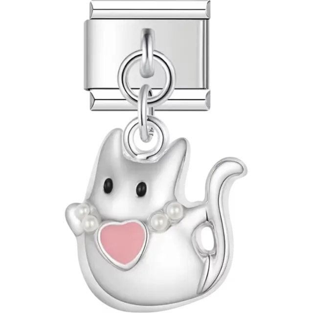 Cat with a pink heart, pearl accents, and black eyes Italian charm bracelet link