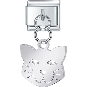 Silver cat face whiskers cutout dangle Italian charm bracelet link