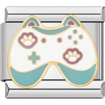 Cat-shaped game controller with teal purple and gold paw print buttons Italian charm bracelet link