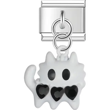 White cat with three black hearts pendant Italian charm bracelet link