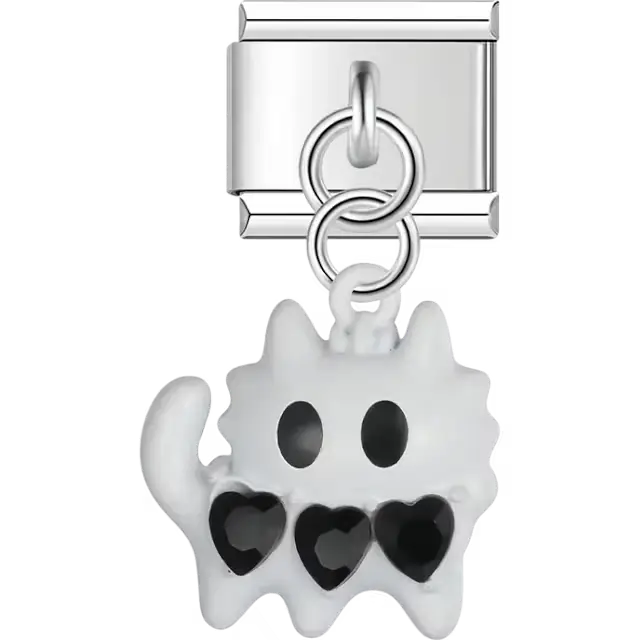 White cat with three black hearts pendant Italian charm bracelet link