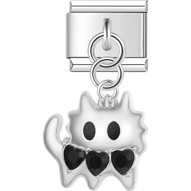 Cat with three black hearts pendant Italian charm bracelet link