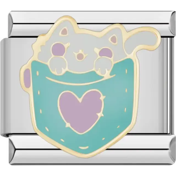 Cute white cat peeking out of a teal pocket with a purple heart Italian charm bracelet link