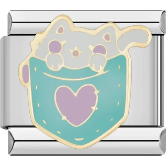 Cute white cat peeking out of a teal pocket with a purple heart Italian charm bracelet link