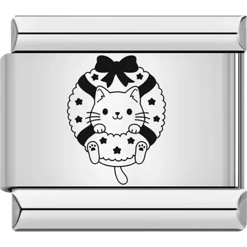 Cute cat peeking through a Christmas wreath with stars and a bow Italian charm bracelet link