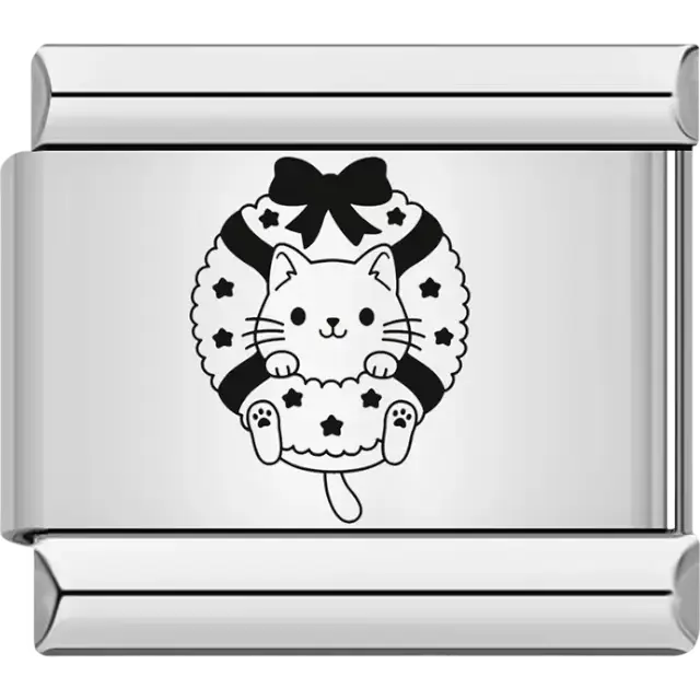 Cute cat peeking through a Christmas wreath with stars and a bow Italian charm bracelet link