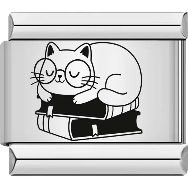 Sleeping cat wearing glasses resting on stacked books Italian charm bracelet link
