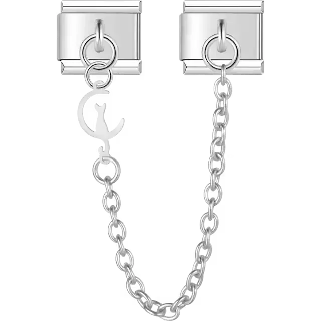 Safety chain with a dangling crescent moon and cat silhouette Italian charm bracelet link