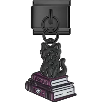 Black cat sitting on stacked purple and white spellbooks with skull details Italian charm bracelet link