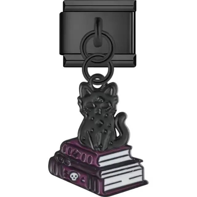 Black cat sitting on stacked purple and white spellbooks with skull details Italian charm bracelet link