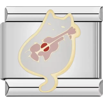 Gray cat playing a brown cello with red accents Italian charm bracelet link