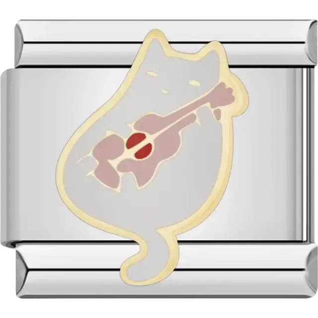 Gray cat playing a brown cello with red accents Italian charm bracelet link