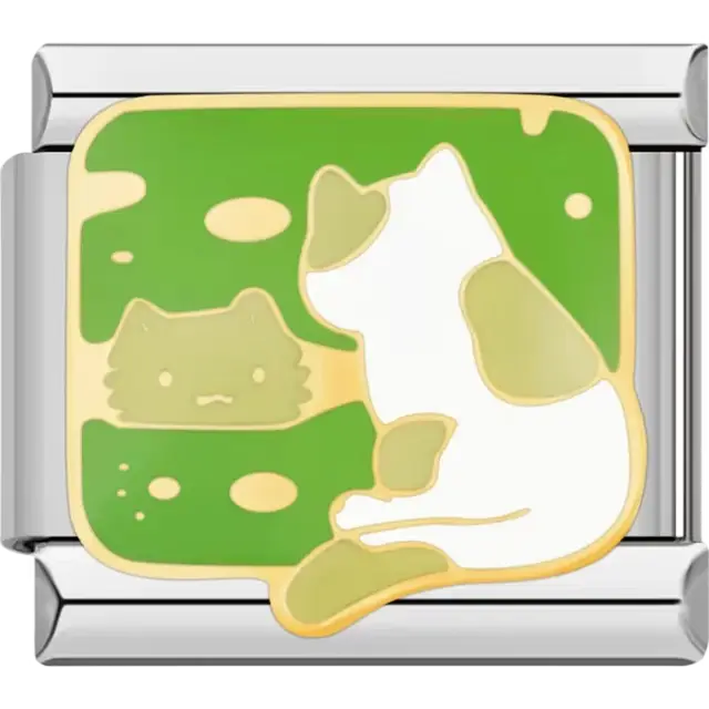 White and gold cat with green patches sitting next to its reflection on green background Italian charm bracelet link
