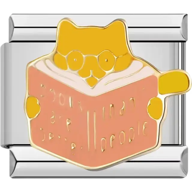 Cat wearing glasses holding an orange book that reads, "Books are better than people" Italian charm bracelet link