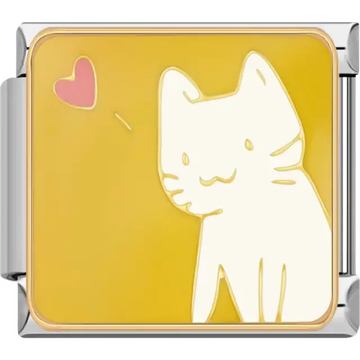White cat with pink heart on golden yellow background Italian charm bracelet link