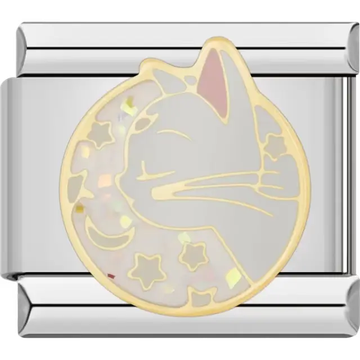 Cat silhouette surrounded by crescent moon and stars with iridescent accents Italian charm bracelet link