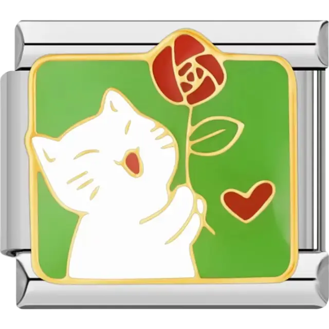 Smiling white cat holding red rose with green stem and red heart on green background Italian charm bracelet link
