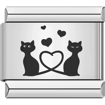 Two cats with tails forming a heart and smaller hearts above Italian charm bracelet link