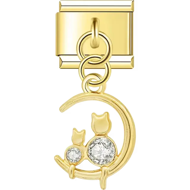 Two cats sitting on a crescent moon with gemstone accents Italian charm bracelet link