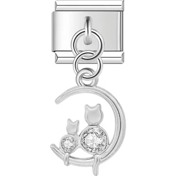 Two cats sitting on a crescent moon with gemstone accents Italian charm bracelet link