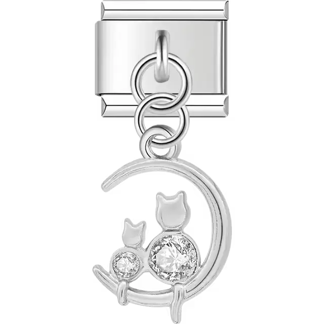 Two cats sitting on a crescent moon with gemstone accents Italian charm bracelet link