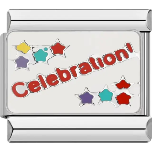Red "Celebration!" text with colorful star details on a white background Italian charm bracelet link