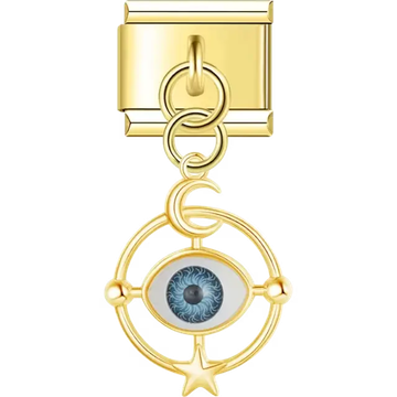 Gold dangling design featuring a blue evil eye surrounded by a crescent moon, star, and circular frame Italian charm bracelet link