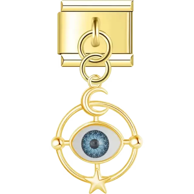 Gold dangling design featuring a blue evil eye surrounded by a crescent moon, star, and circular frame Italian charm bracelet link