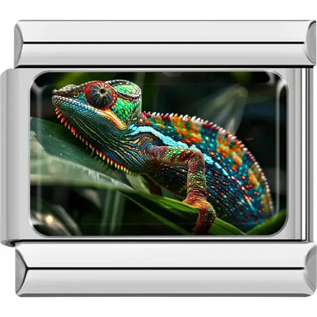 Colorful chameleon on green leaves with a jungle background Italian charm bracelet link