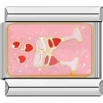 Two champagne glasses with heart designs on a pink glitter background Italian charm bracelet link