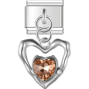 Hollow heart with faceted champagne-colored stone centerpiece and dangling piece Italian charm bracelet link
