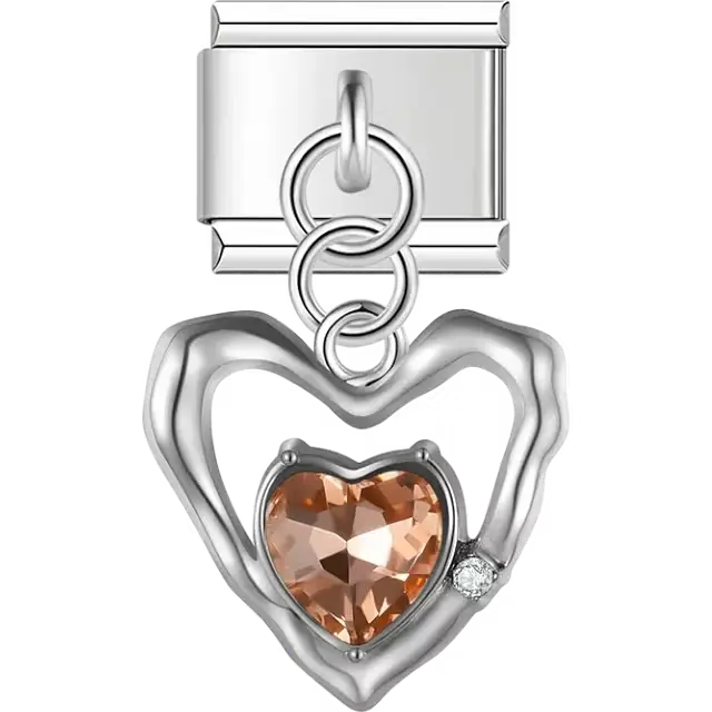 Hollow heart with faceted champagne-colored stone centerpiece and dangling piece Italian charm bracelet link