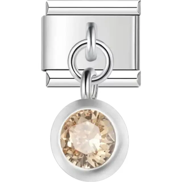 Champagne round gemstone dangle in a silver bezel Italian charm bracelet link