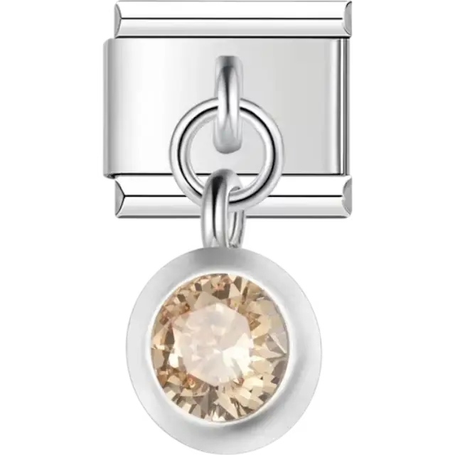 Champagne round gemstone dangle in a silver bezel Italian charm bracelet link