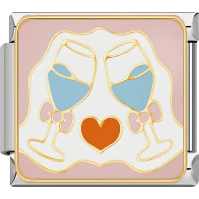 Two blue-filled champagne glasses with pink bows and an orange heart Italian charm bracelet link