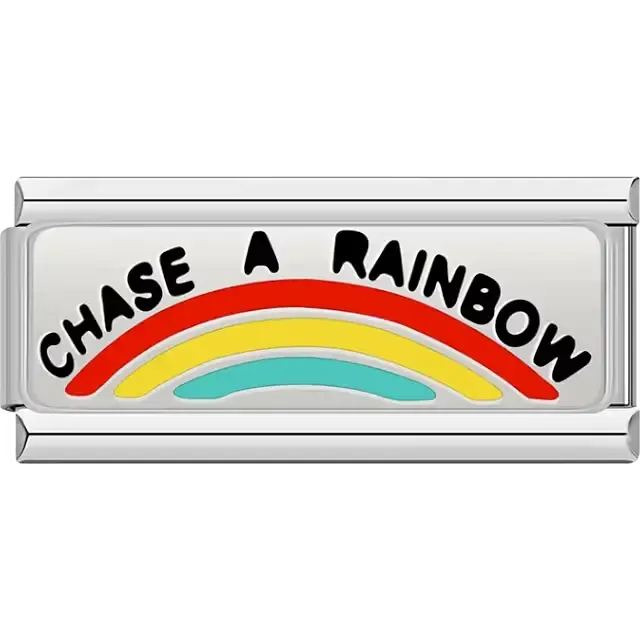 Silver plate with "CHASE A RAINBOW" black text and red, yellow, and blue rainbow Italian charm bracelet link