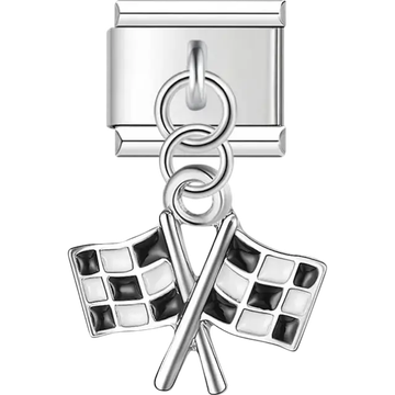 Black and white checkered flags dangling Italian charm bracelet link