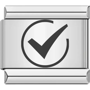 Black checkmark inside a circle design on a polished silver background Italian charm bracelet link