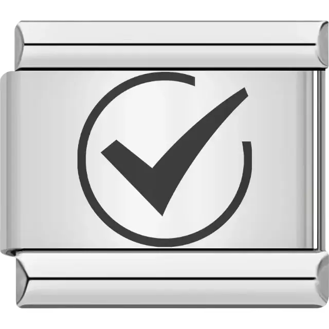 Black checkmark inside a circle design on a polished silver background Italian charm bracelet link