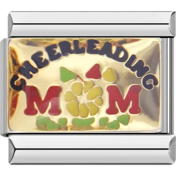 “Cheerleading Mom” text with pom-poms and colorful accents Italian charm bracelet link